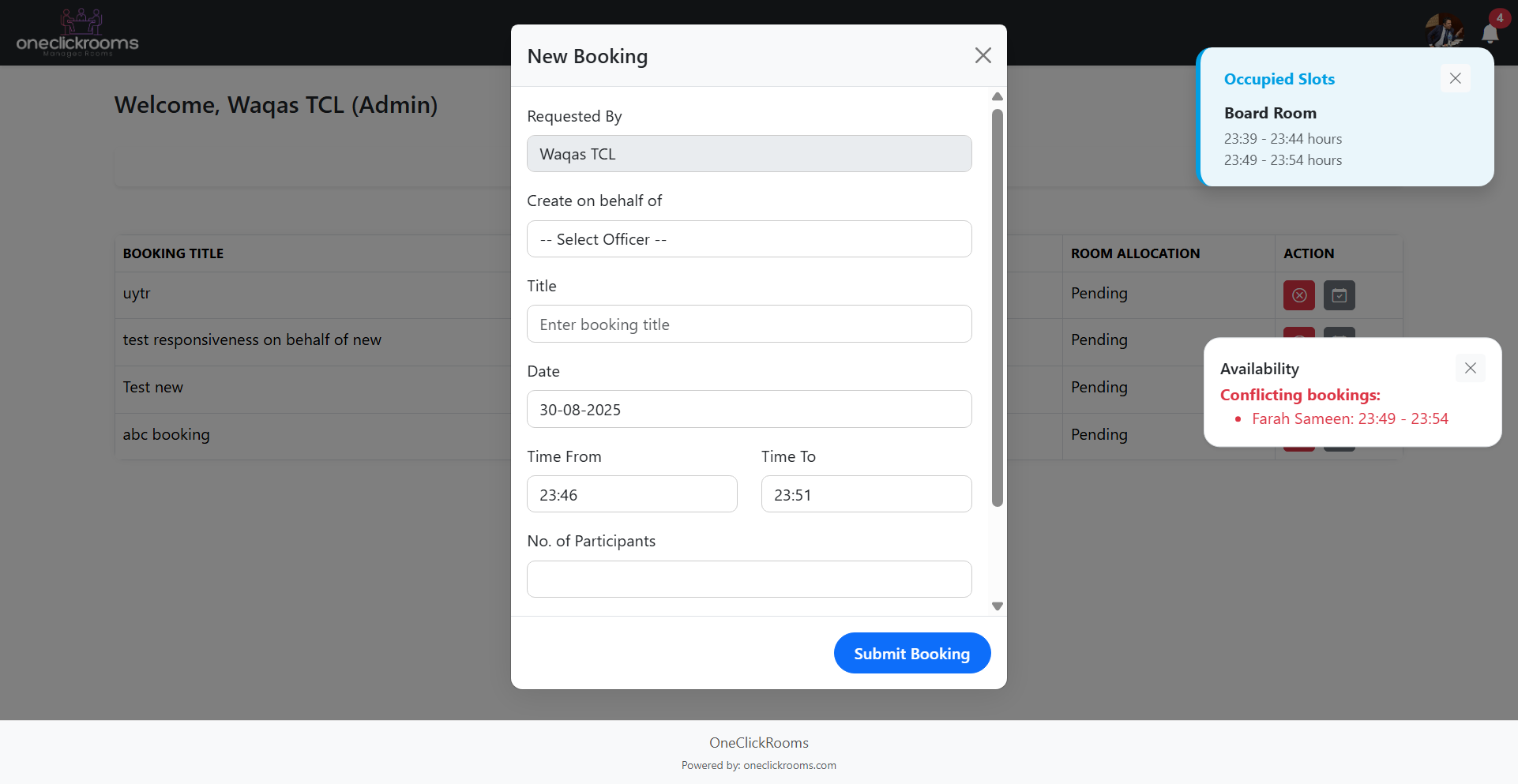 Room booking form with real-time availability