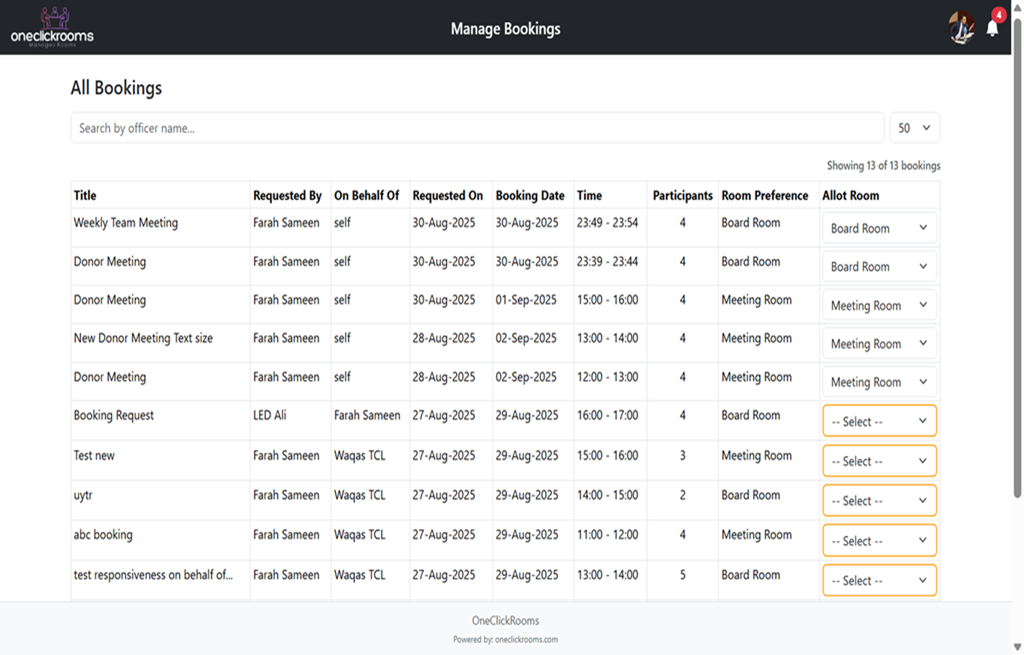 Admin booking approvals screen
