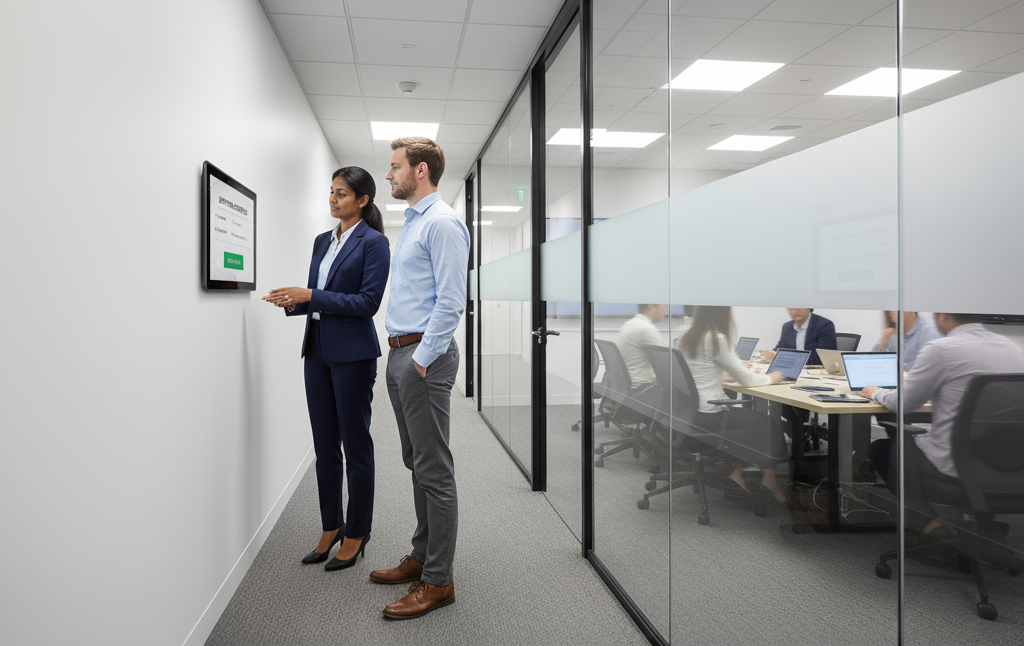 Live room display screen showing booking countdown